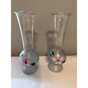 Pair Of 2 Bartlett Collins Vintage Clear - Frosted Glass Vases Hand Painted 9"‎